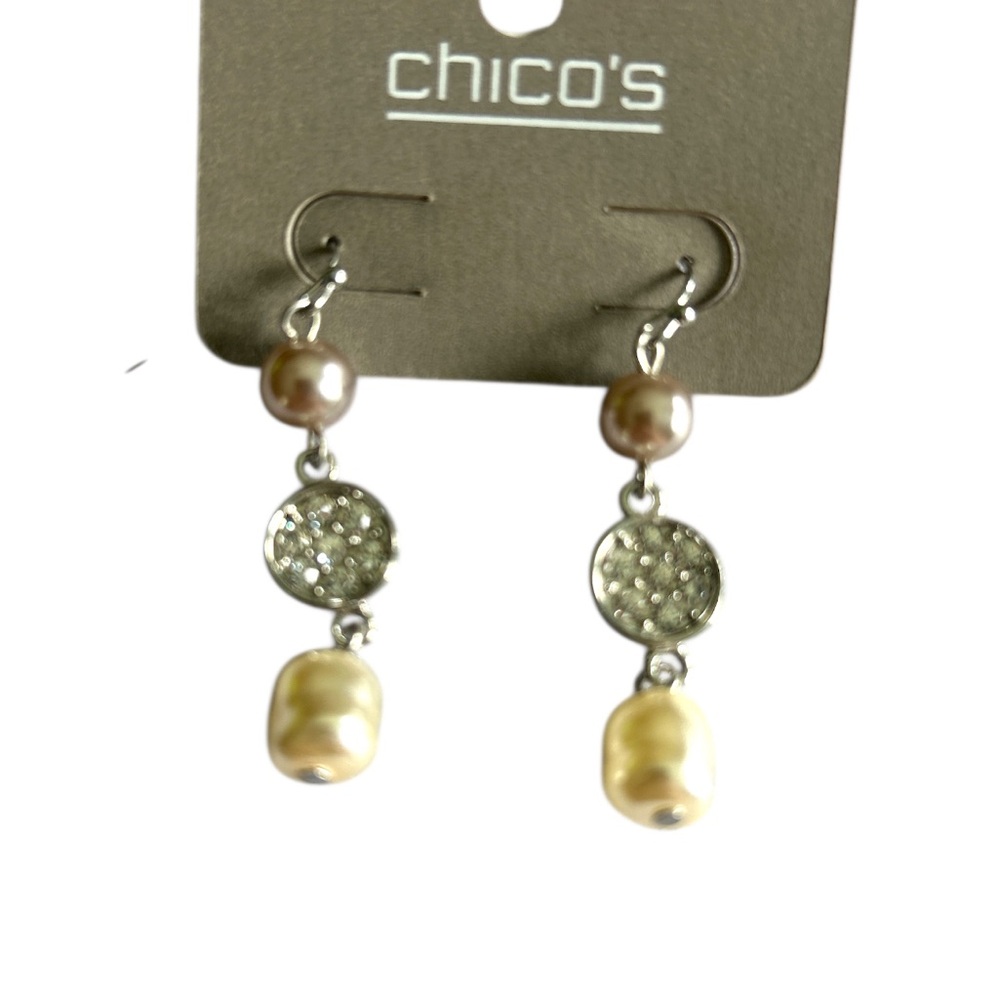 Chico's Silver Tone Beaded Crystal Pearl Hook Earrings